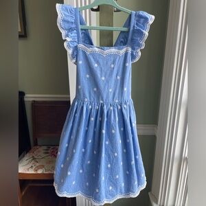 100% Cotton 5T Toddler Girls Chambray Dress Lace Trim, Embroidered Floral Detail